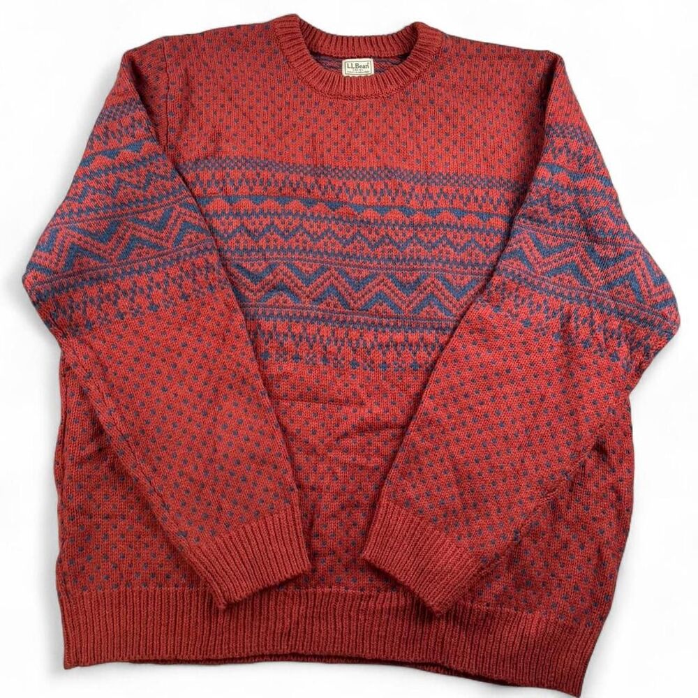L.L. Bean Men’s 3XL Red Fair Isle Wool Sweater 100% Lambswool Knit